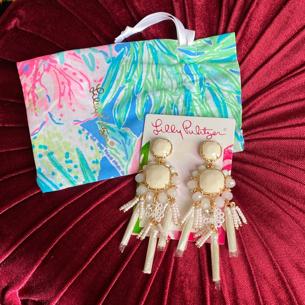 Lilly Pulitzer Ivory and Gold Dangle Mult-tassel Earrings
